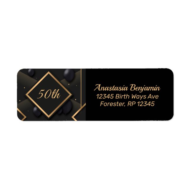 50:e Black Guld Diamond Shape Birthday Personalize Returadress Etikett (Framsidan)