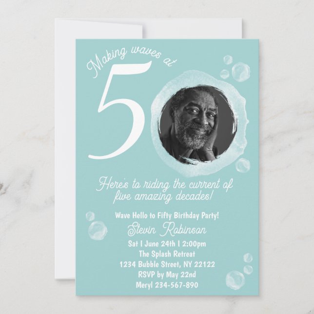 50:e Bleken Teal Bubble Födelsedagsfest inbjudan (Framsida)