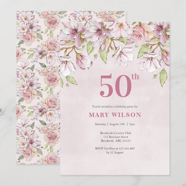 50:e Blommigten för inbjudan till Rosa (Fram/baksida)
