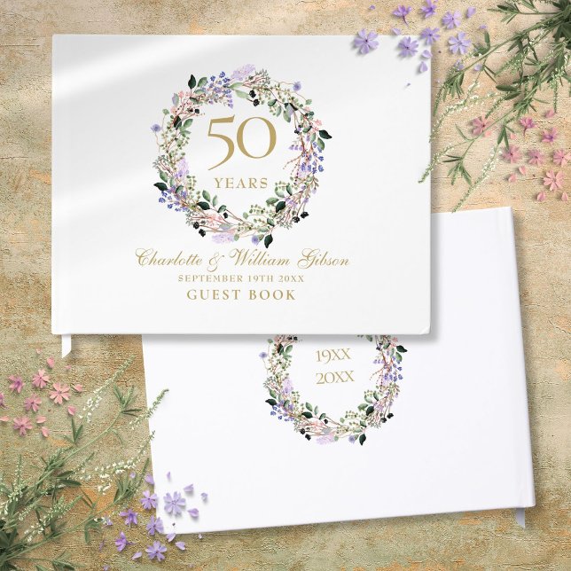 50:e Bröllop-årsdagen av Blommigten Garland Gästböcker (50th Wedding Golden Anniversary Floral Garland Guest Book)