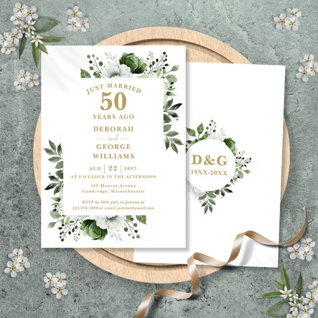 50:e Bröllop-årsdagen av Guld-Blommigten Inbjudningar (Gold 50th Wedding Anniversary Monogram Floral Invitation)