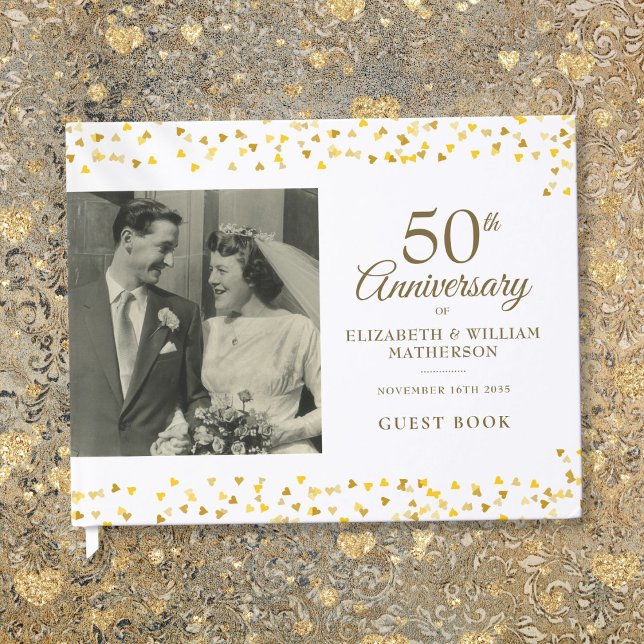 50:e Bröllop-årsdagen av Guld Hearts Foto Gästböcker (50th Wedding Anniversary Gold Hearts Photo Guest Book)