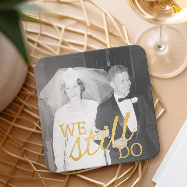50:e Bröllop-årsdagen av Personligen Photo Golden Underlägg Papper Kvadrat (Wedding Anniversary Coasters - Personalize with a photo)