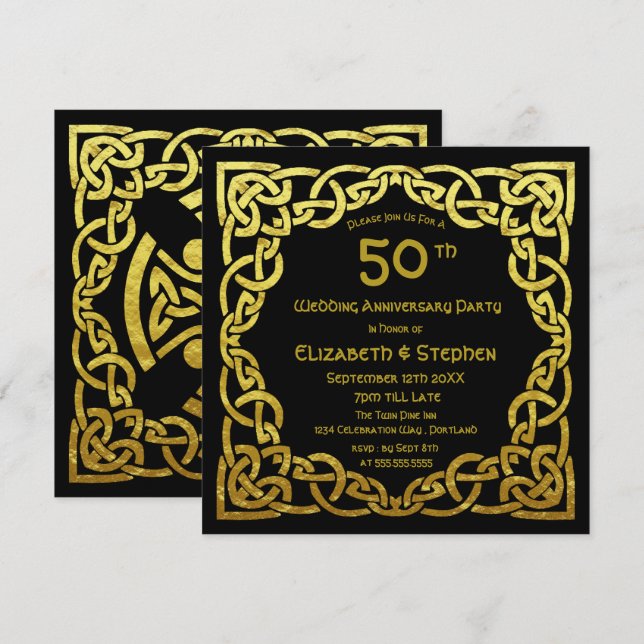 50:e Bröllop-årsdagen Black & Guld Celtic Knot Inbjudningar (Fram/baksida)