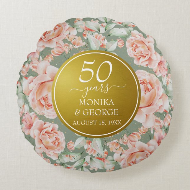50:e Bröllop-årsdagen Blommigt Guld Foto Rund Kudde (Framsidan)