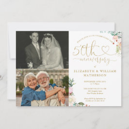 50:e Bröllop-årsdagen Blommigt Monogram 2 foton Inbjudningar
