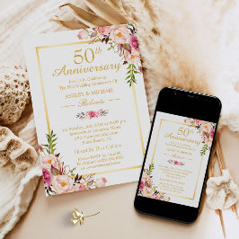 50:e Bröllop-årsdagen Elegant Chic Guld Blommigt Inbjudningar