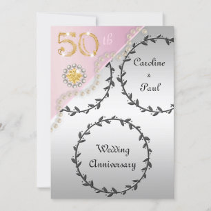 50:e Bröllop-årsdagen Embossed Silver Ro Guld Inbjudningar