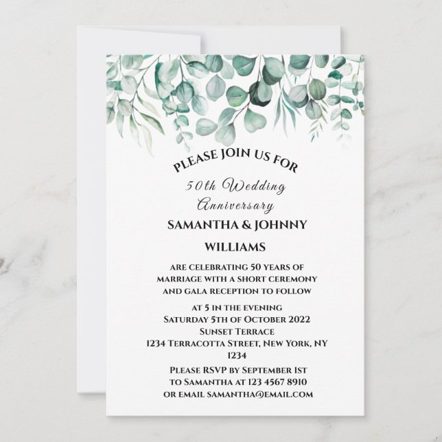 50:e Bröllop-årsdagen Eucalyptus Botaniskt Inbjudningar (Framsida)