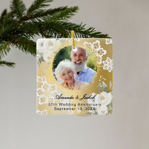 50:e Bröllop-årsdagen för guld-blommigtar Julgransprydnad Keramik