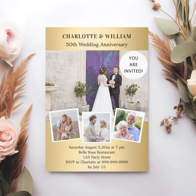 50:e bröllop-årsdagen för guld fotokollage inbjudningar (Skapare uppladdad)