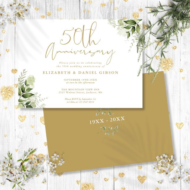 50:e Bröllop-årsdagen för Guld-skript-Blommigten Inbjudningar (50th Wedding Anniversary Gold Script Floral Invitation)