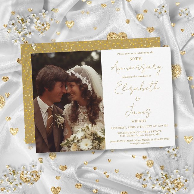 50:e Bröllop-årsdagen för Guld-skriptfotot i Bröll Inbjudningar (50th Wedding Anniversary Gold Script Photo Wedding Invitation)