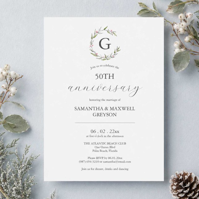 50:e Bröllop-årsdagen för inbjudan till botaniker (505h wedding anniversary invitations template with hand drawn monogram by Do Tell A Belle)