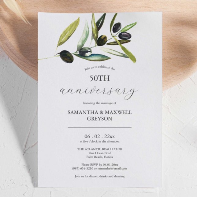 50:e Bröllop-årsdagen för inbjudan till Olive Gren (50th anniversary invitations feature unique watercolor olive branch art by Victoria Grigaliunas)
