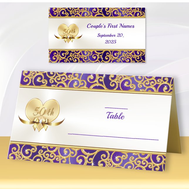 50:e Bröllop-årsdagen för sittplatskort, Placeringskort (Purple and Gold theme. 50th wedding anniversary place cards. Golden anniversary place cards. )