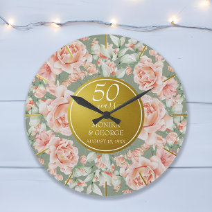 50:e Bröllop-årsdagen för vattenfärgen Blommigt Gu Stor Klocka