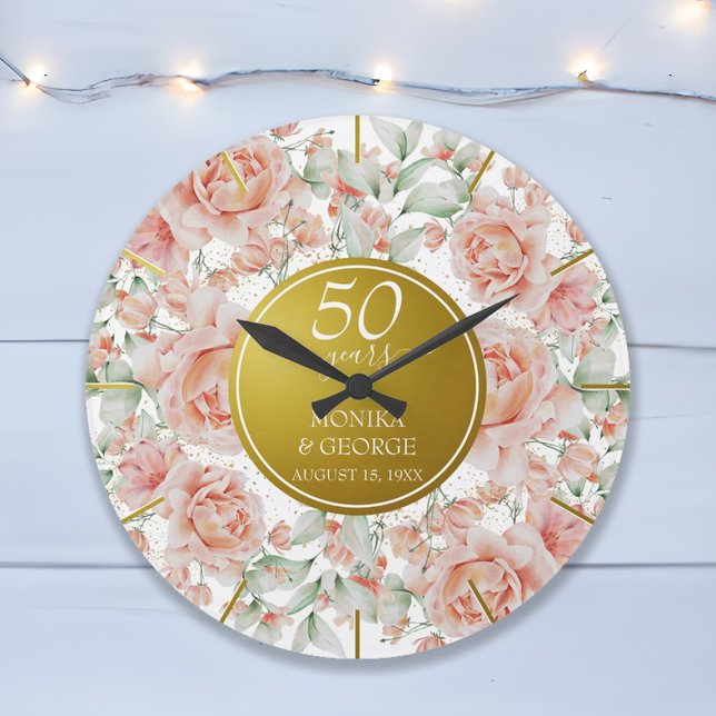 50:e Bröllop-årsdagen för vattenfärgen Blommigt Gu Stor Klocka (50th Wedding Anniversary Watercolor Floral Gold Large Clock)