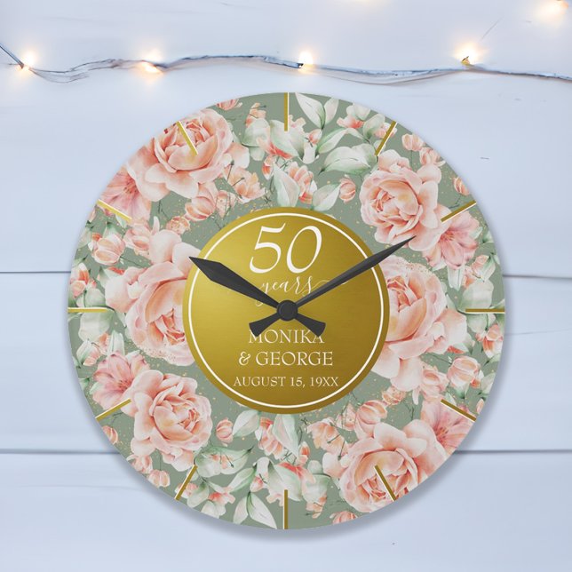 50:e Bröllop-årsdagen för vattenfärgen Blommigt Gu Stor Klocka (50th Wedding Anniversary Watercolor Floral Gold Large Clock)