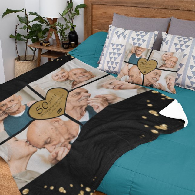 50:e Bröllop-årsdagen Foto Guld Glitter Heart Fleecefilt (Elegant 50th Anniversary Photo Gold Black Glitter Heart Fleece Blanket)