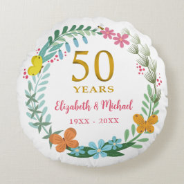 50:e Bröllop-årsdagen Golden Blommigt Butterfly Rund Kudde