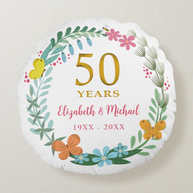50:e Bröllop-årsdagen Golden Blommigt Butterfly Rund Kudde (Framsidan)