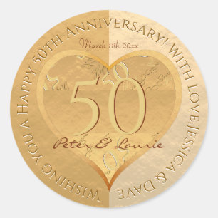 50:e Bröllop-årsdagen Golden Heart Sticker Runt Klistermärke