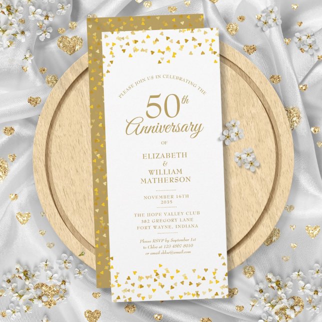 50:e Bröllop-årsdagen Golden Kärlek Hearts Inbjudningar (50th Wedding Anniversary Golden Love Hearts Invitation)