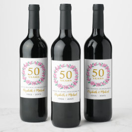 50:e Bröllop-årsdagen Golden Rosa Blommigt-andedrä Vinflaska Etikett