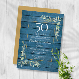 50:e Bröllop-årsdagen Greenery Blue Rustic Wood Inbjudningar