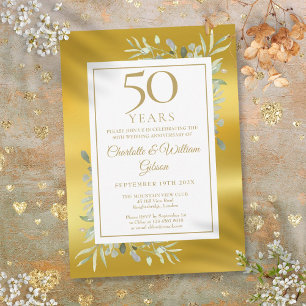 50:e Bröllop-årsdagen Greenery Gold Foil Inbjudningar