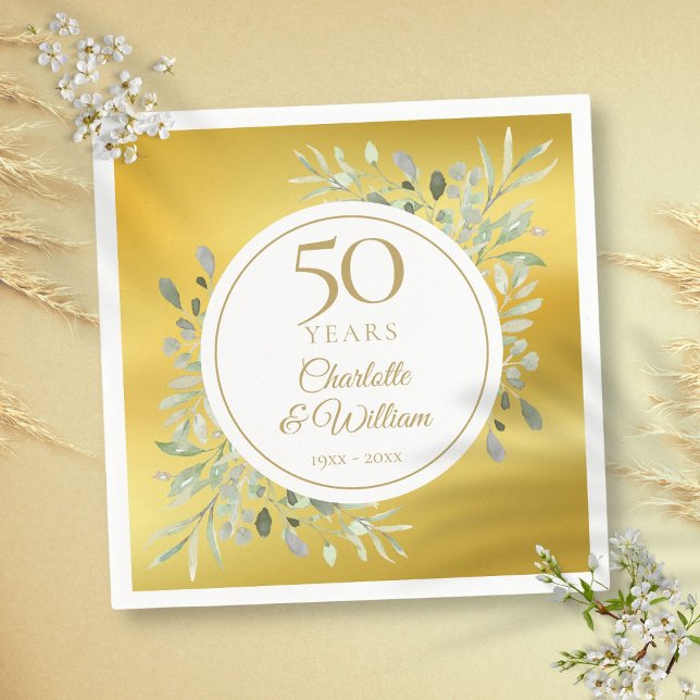 50:e Bröllop-årsdagen Greenery Gold Foil Pappersservett (50th Wedding Anniversary Greenery Gold Foil Napkins)