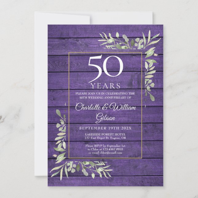 50:e Bröllop-årsdagen Greenery Lila Wood Inbjudningar (Framsida)