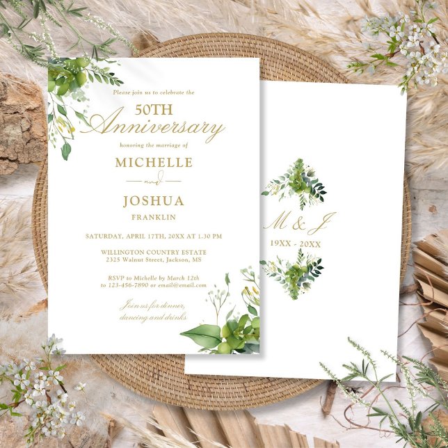 50:e Bröllop-årsdagen Grey Guld Monogram Inbjudningar (50th Wedding Anniversary Greenery Gold Monogram Invitation)