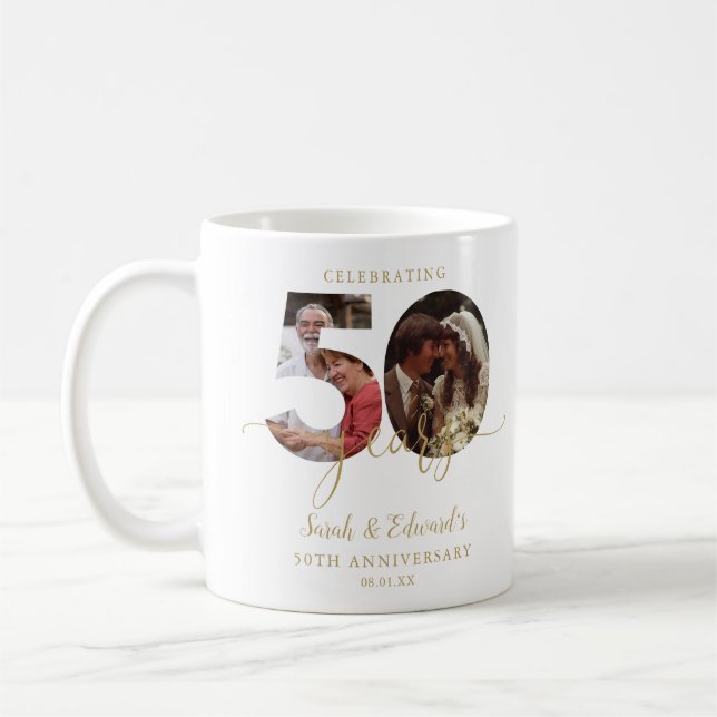 50:e Bröllop-årsdagen Guld 2-foto Kaffemugg (Vänster)