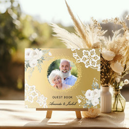 50:e Bröllop-årsdagen guld fotot snöre blommigt Gästböcker