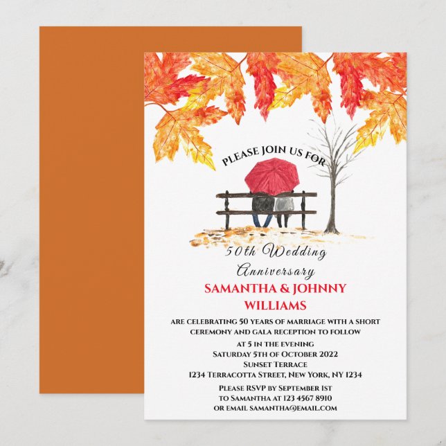 50:e Bröllop-årsdagen Löv för hösthösten Inbjudningar (Fram/baksida)