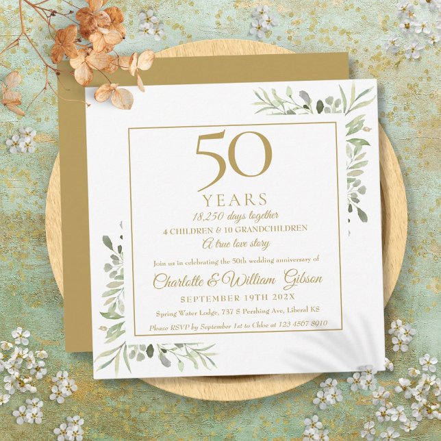 50:e Bröllop-årsdagen minnen Greenery Square Inbjudningar (50th Wedding Anniversary Memories Greenery Square Invitation)