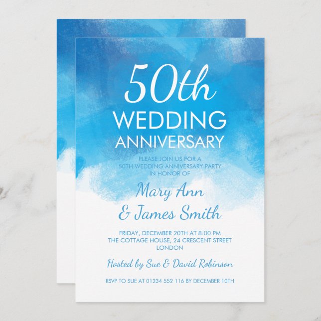 50:e Bröllop-årsdagen sommarblått vattenfärg Inbjudningar (Fram/baksida)
