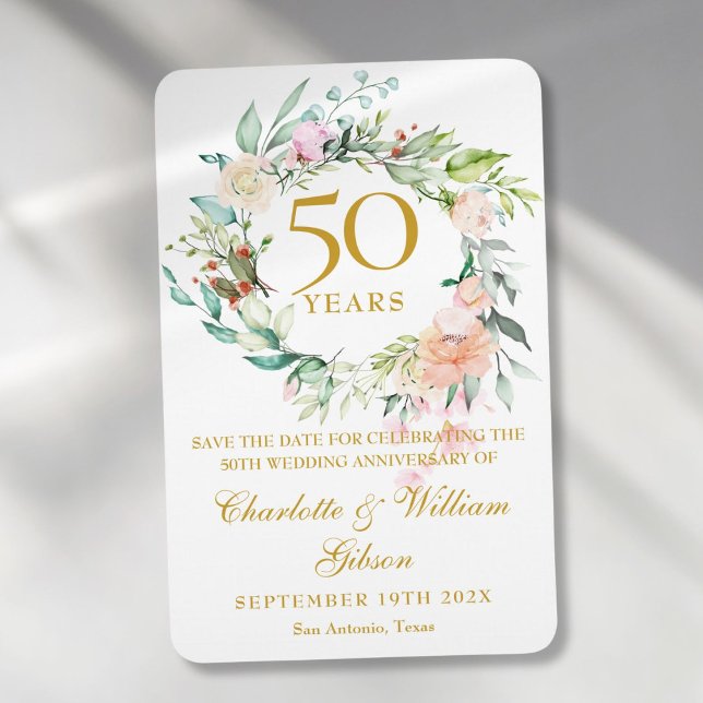 50:e Bröllop-årsdagen Spara Ro-Blommigten Magnet (50th Wedding Anniversary Save the Date Rose Floral Magnet)