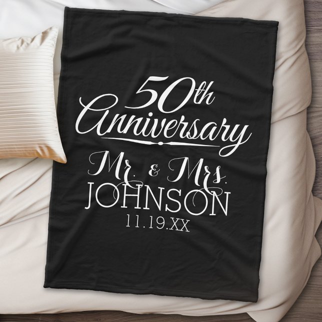50:e Bröllop-årsdagen - Svart - Mr & Mrs Favors Fleecefilt (Personalized wedding anniversary fleece blanket)