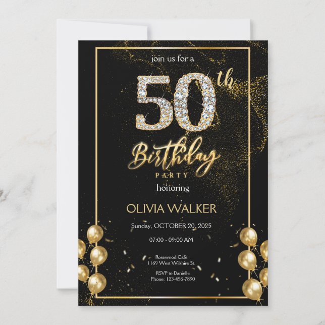 50:e Diamond Black och Guld Birthday Inbjudningar (Framsida)