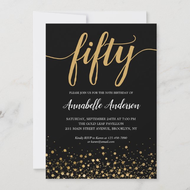 50:e Eleganten Black Guld Confetti Inbjudningar (Framsida)