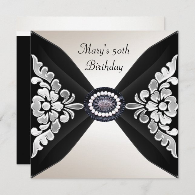 50:e Eleganten Black White Jewel 2 Inbjudningar (Fram/baksida)