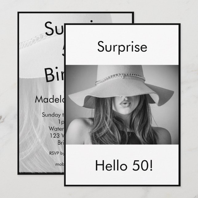 50:e Eleganten Black White Photo Surprise Inbjudningar (Fram/baksida)