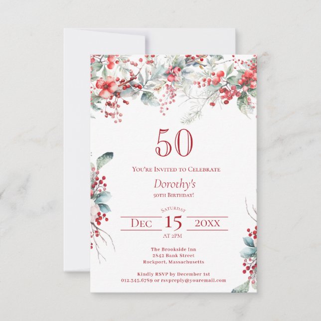 50:e Eleganten på födelsedagen Winter Berry Botani Inbjudningar (Framsida)