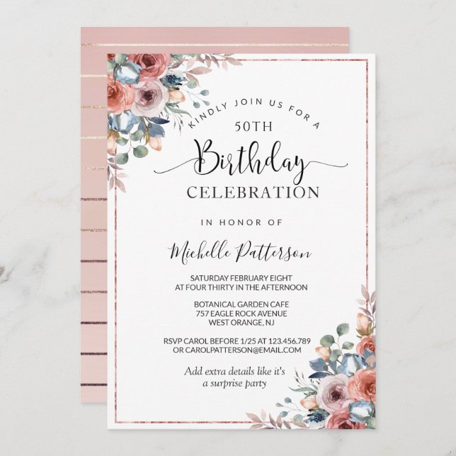 50:e (eller annan) födelsedag Rosa Guld,  Blommigt Inbjudningar (Fram/baksida)