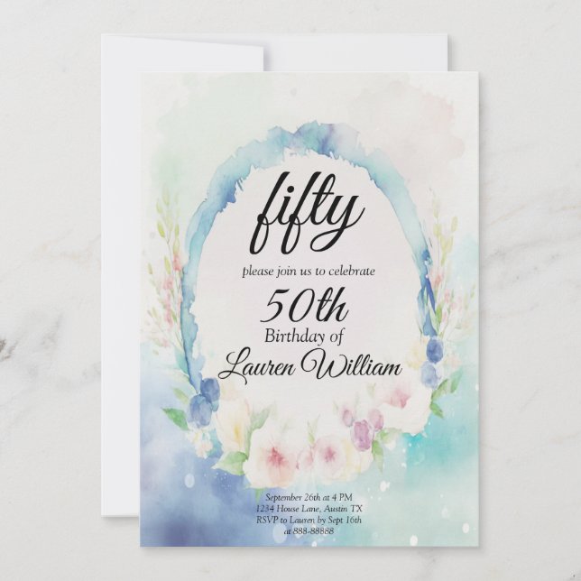 50:e enkla femtio vattenfärgsdag Blommigt födelsed Inbjudningar (Framsida)