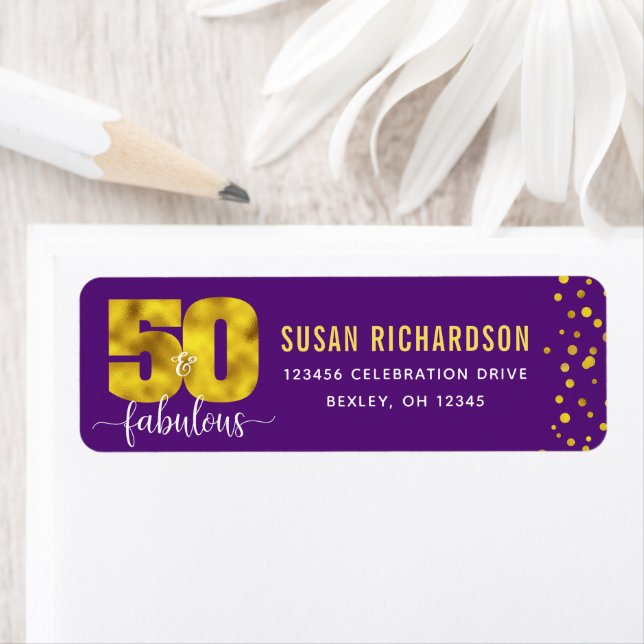 50:e fantastiska lila guld-folie glam adress returadress etikett (Insitu)