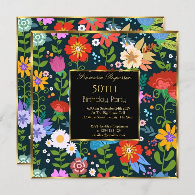 50:e färgade Blommigten Garden-Födelsedagsfesten Inbjudningar (Fram/baksida)